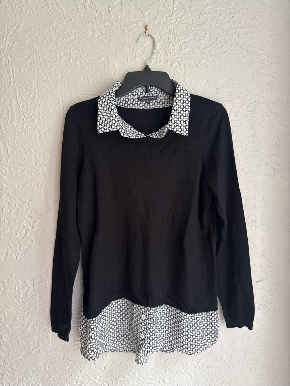 Adrianna Papell Black Layered-Look Sweater with White Printed Collar & Hem